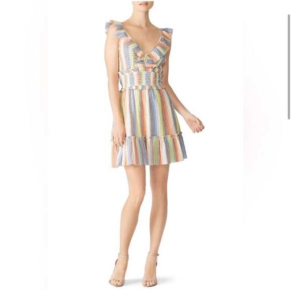Saylor Alma Stripped Rainbow Smocked Ruffle Boho 100% Cotton Dress Womens XL - Picture 2 of 10